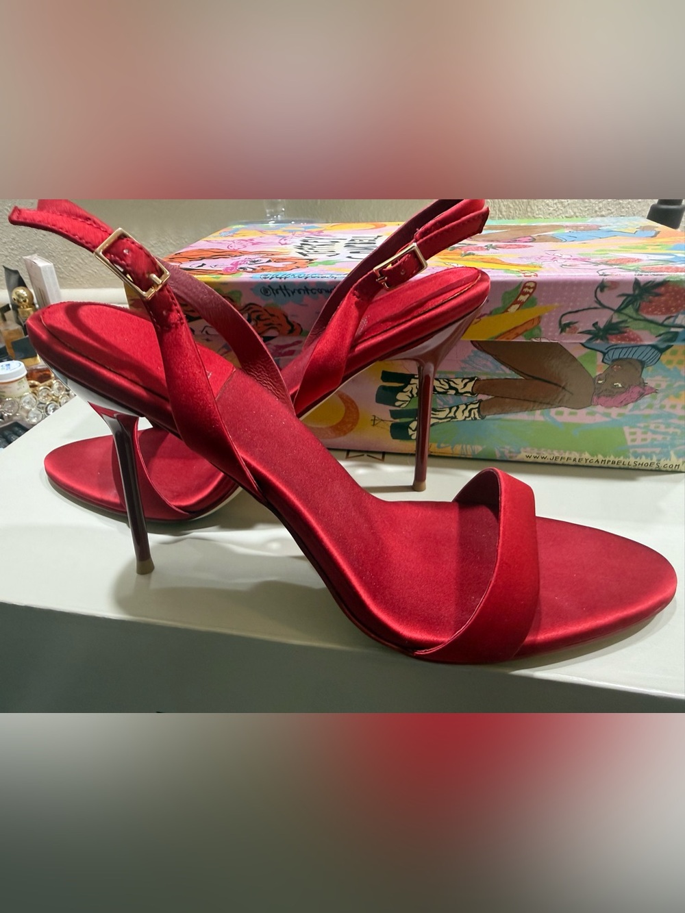Red Satin Stiletto Slingback Heels